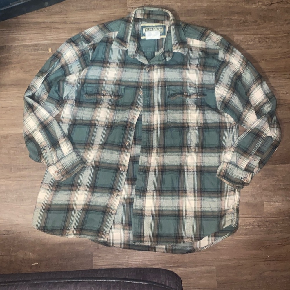 Field & Stream Button Up Thick Flannel Shirt Men's Large Green White Plaid